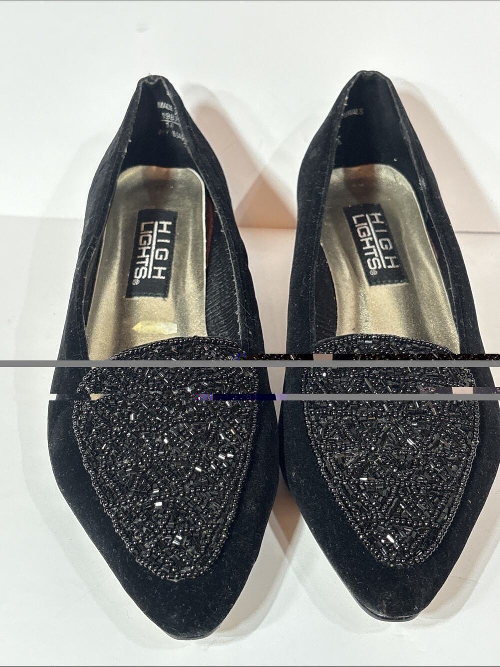 Steppin' Out by Highlights Beaded Toe Black Velvet Heeled Shoes Size 7 1/2